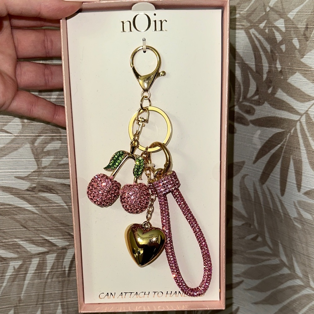 nOir Jewelry Pink Cherry and Gold Heart Keychain